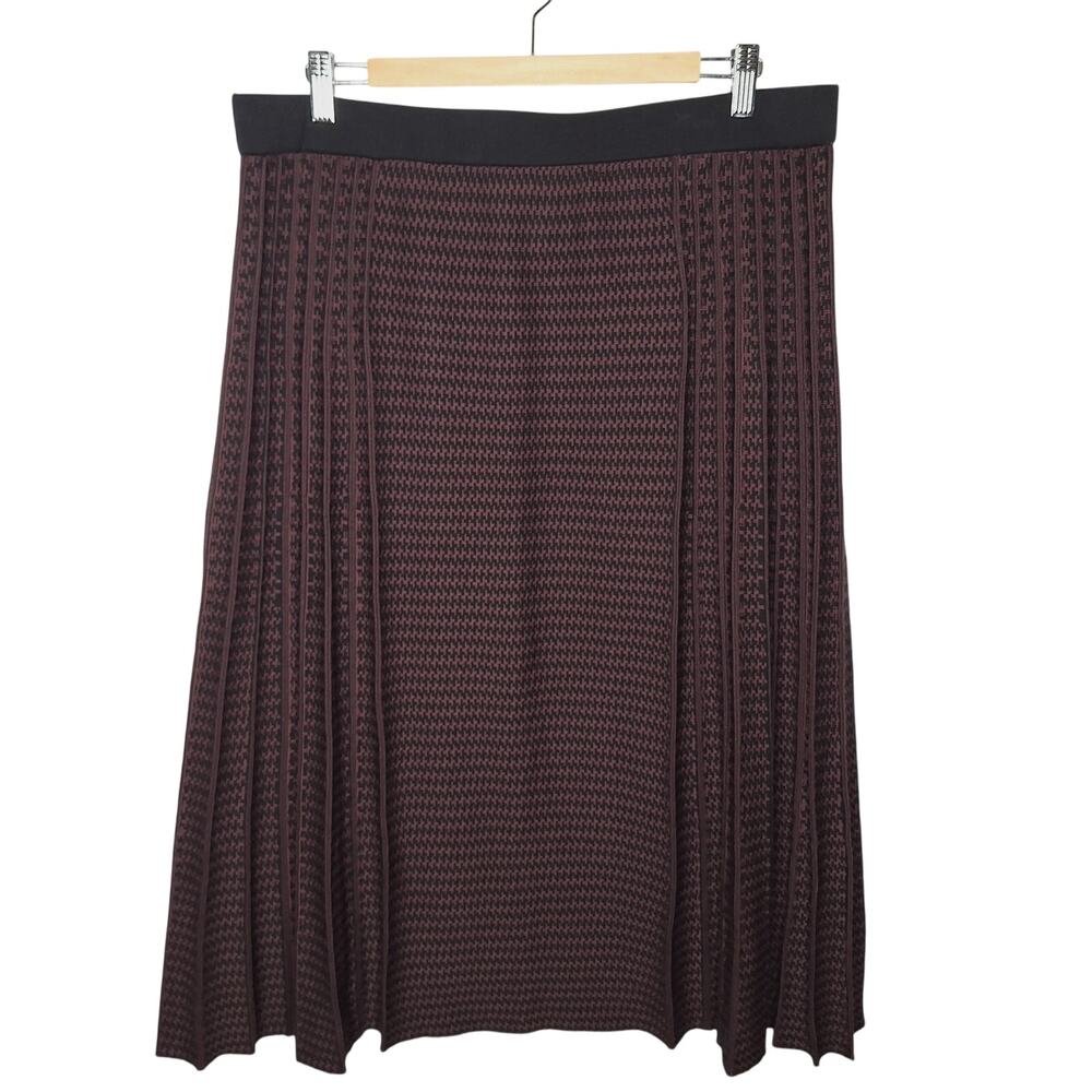 Misook Midi Skirt Pleated Houndstooth Knit XL Burgundy Career Pull On Office